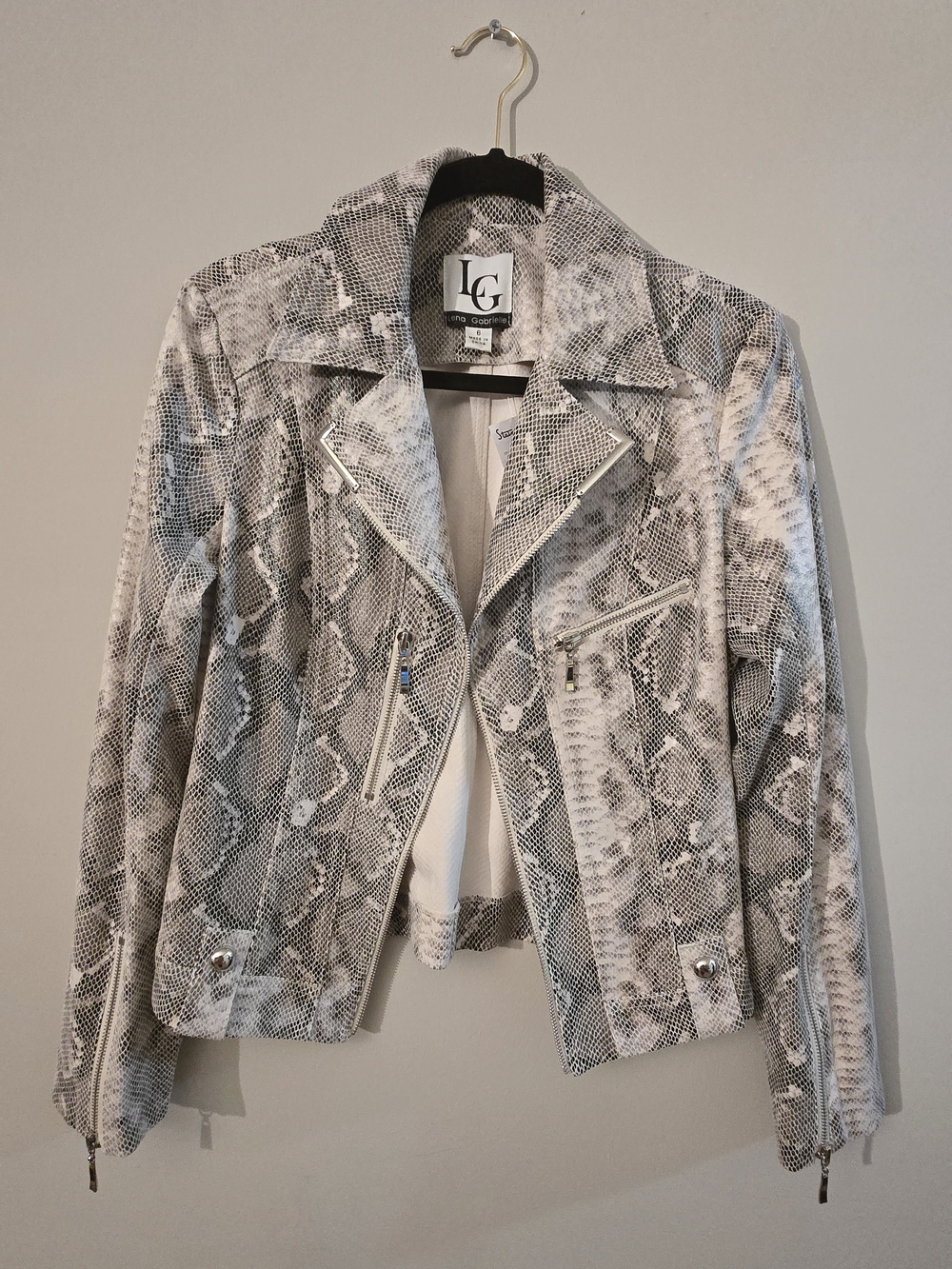 LG Snake-Print Faux Leather Moto Jacket in Gray and White